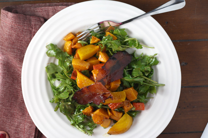 Roasted Vegetable and candied bacon salad