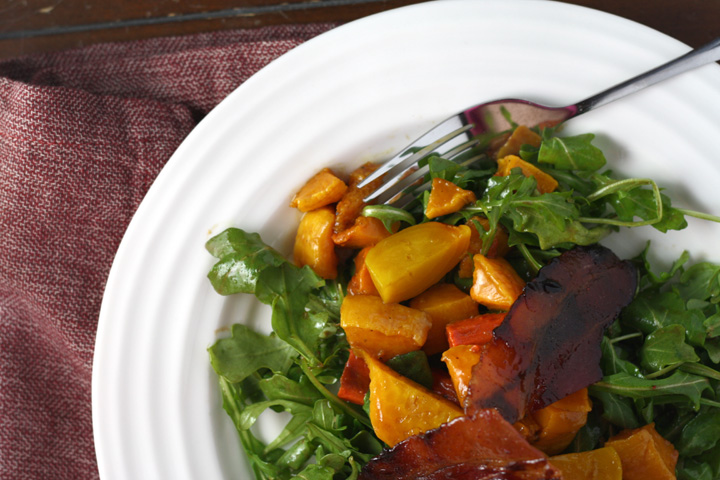 Roasted Vegetable and candied bacon salad