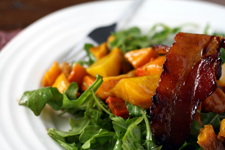 Roasted Vegetable and candied bacon salad