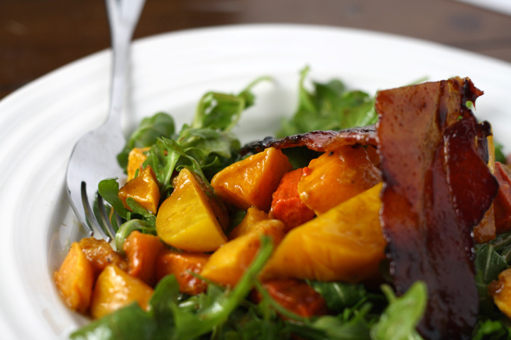 Roasted Vegetable and candied bacon salad