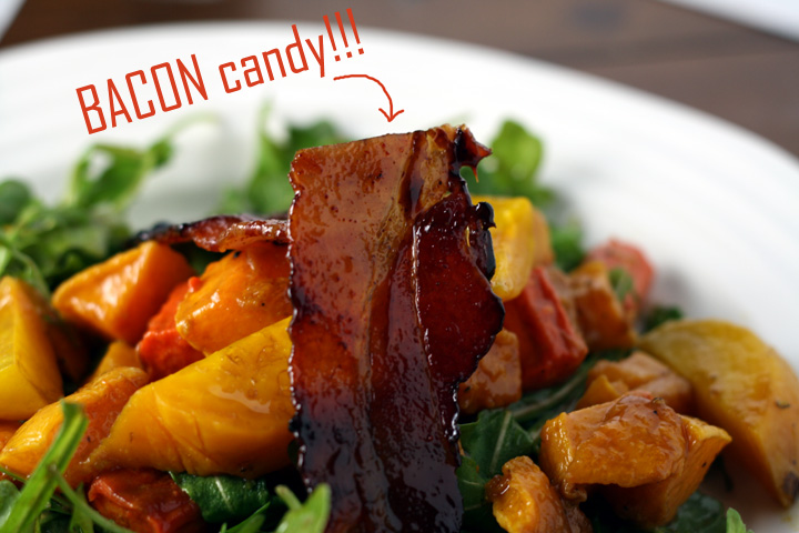 Roasted Vegetable and candied bacon salad