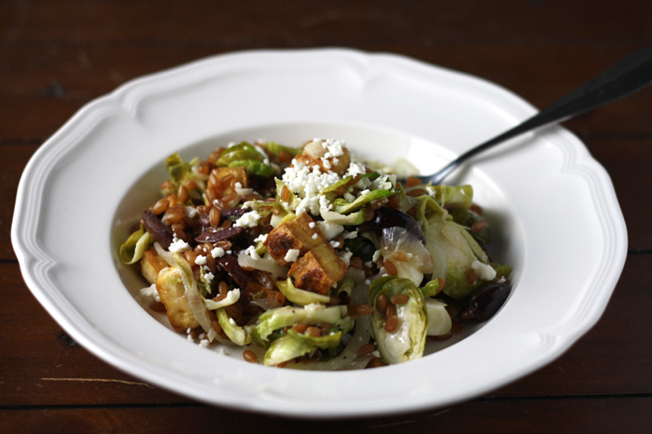 Warm Wheatberry, Brussels Sprout Salad with Feta and Crispy Tofu ~ ElephantEats.com