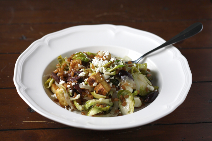 Warm Wheatberry, Brussels Sprout Salad with Feta and Crispy Tofu ~ ElephantEats.com