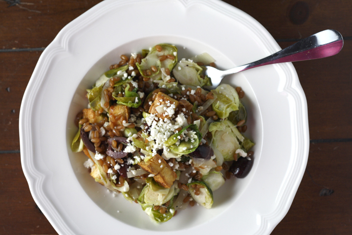 Warm Wheatberry, Brussels Sprout Salad with Feta and Crispy Tofu ~ ElephantEats.com