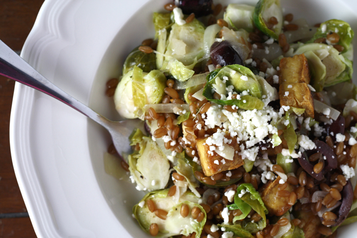 Warm Wheatberry, Brussels Sprout Salad with Feta and Crispy Tofu ~ ElephantEats.com