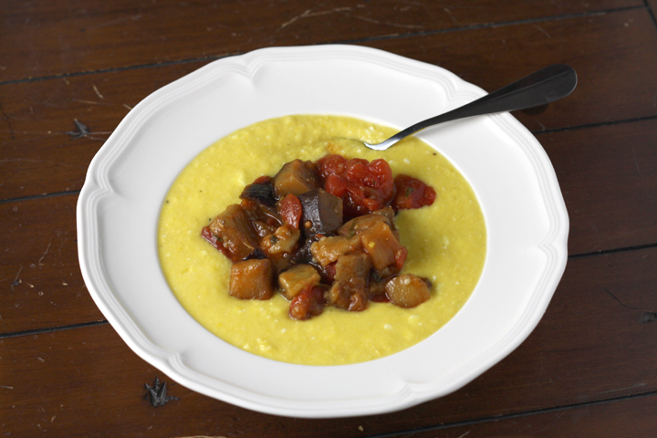 Fresh Corn Polenta with Eggplant Sauce ~ ElephantEats.com