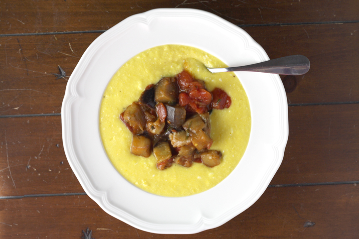 Fresh Corn Polenta with Eggplant Sauce ~ ElephantEats.com