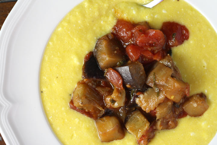 Fresh Corn Polenta with Eggplant Sauce ~ ElephantEats.com