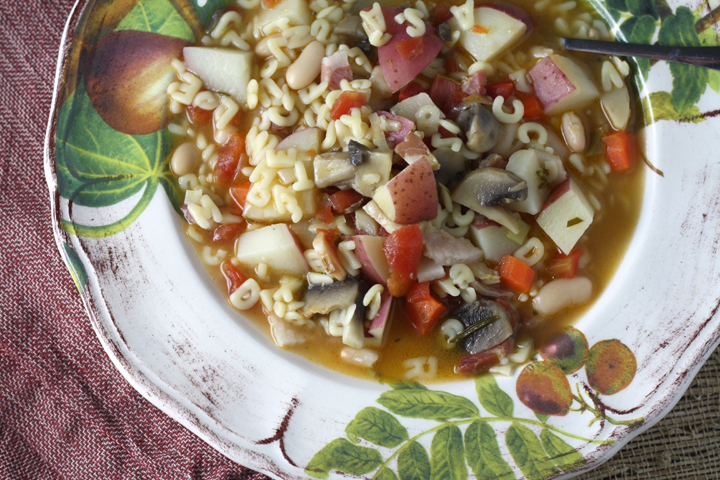 Pasta Soup with Potatoes, Pancetta and Mushrooms ~ ElephantEats.com