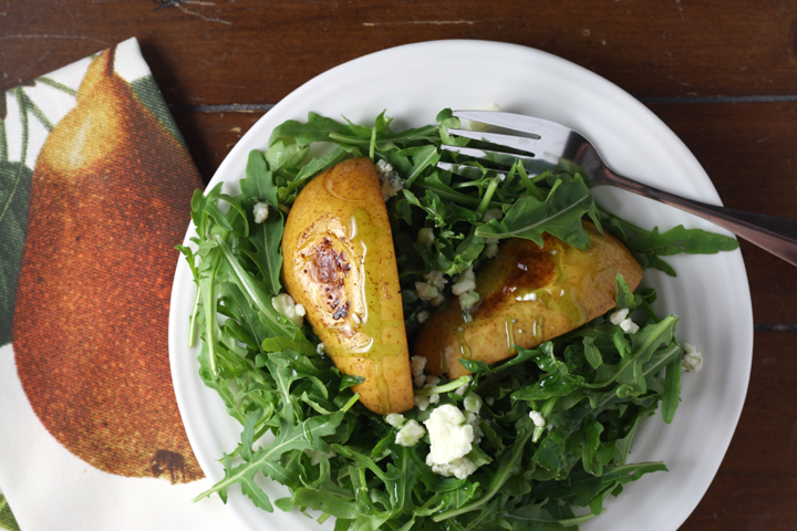 Cinnamon Roasted Pears over Arugula with Blue Cheese and Balsamic Glaze ~ www.ElephantEats.com