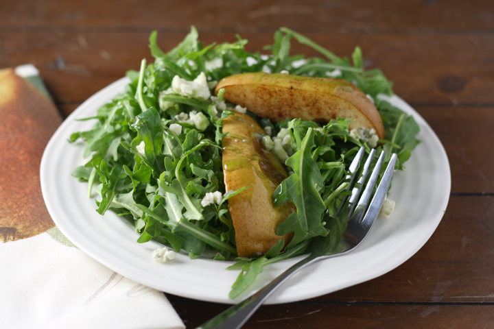 Cinnamon Roasted Pears over Arugula with Blue Cheese and Balsamic Glaze ~ www.ElephantEats.com