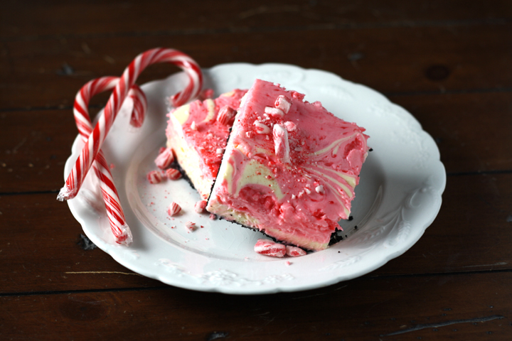 Peppermint White Chocolate Swirl Cheesecake Bars ~ ElephantEats.com